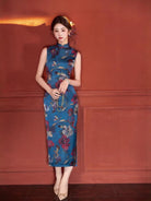 Beth and Brian Qipao-SMQ New Chinese style(新中式), sleeveless blue long Cheongsam
