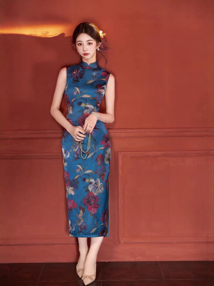 Blue Sleeveless Long Cheongsam Qipao Dress