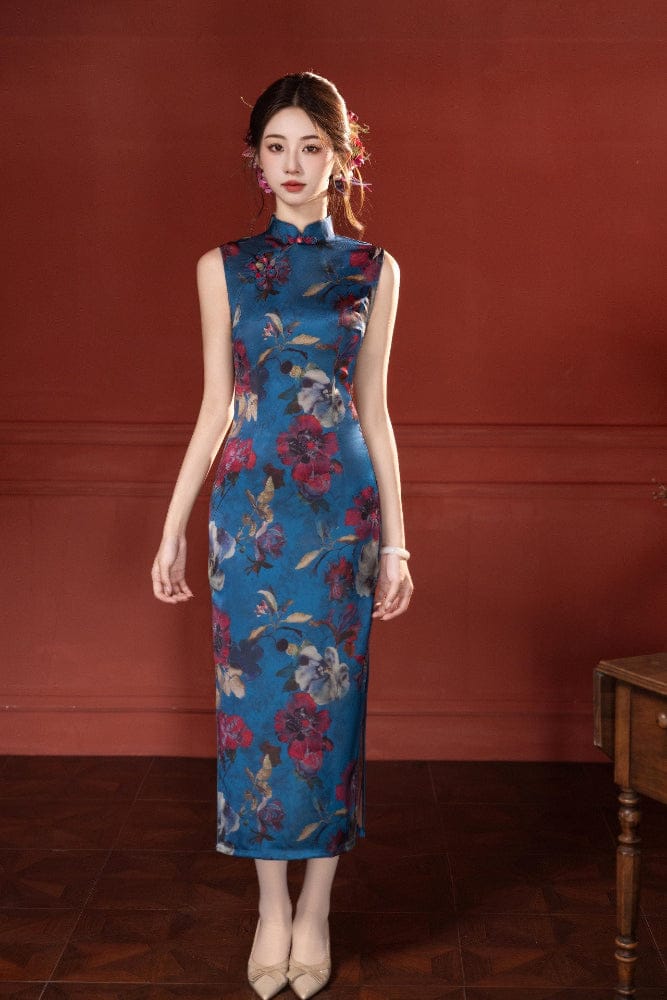 Beth and Brian Qipao-SMQ New Chinese style(新中式), sleeveless blue long Cheongsam