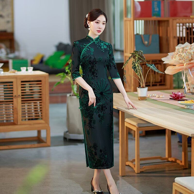 Beth and Brian Qipao-SMQ Flocking fabric, floral pattern, red&green long Cheongsam