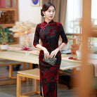 Beth and Brian Qipao-SMQ Flocking fabric, floral pattern, red&green long Cheongsam