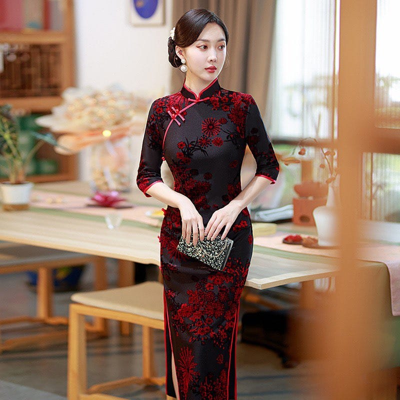 Beth and Brian Qipao-SMQ Flocking fabric, floral pattern, red&green long Cheongsam