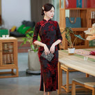 Beth and Brian Qipao-SMQ Flocking fabric, floral pattern, red&green long Cheongsam