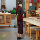 Beth and Brian Qipao-SMQ Flocking fabric, floral pattern, red&green long Cheongsam