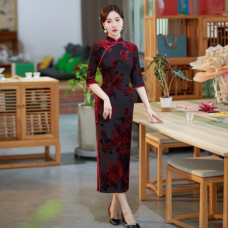 Beth and Brian Qipao-SMQ Flocking fabric, floral pattern, red&green long Cheongsam