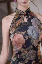 Beth and Brian Qipao-SMQ Sleeveless, water drop collar, halter black midi Cheongsam