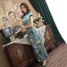 Beth and Brian Qipao-SMQ Floral pattern, blue&grey long Cheongsam for mothers