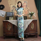 Beth and Brian Qipao-SMQ Floral pattern, blue&grey long Cheongsam for mothers