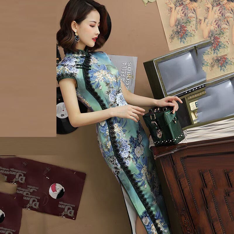 Beth and Brian Qipao-SMQ Floral pattern, blue&grey long Cheongsam for mothers