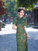 Beth and Brian Qipao-MLS Floral pattern, acetate fabric, green&yellow midi Cheongsam