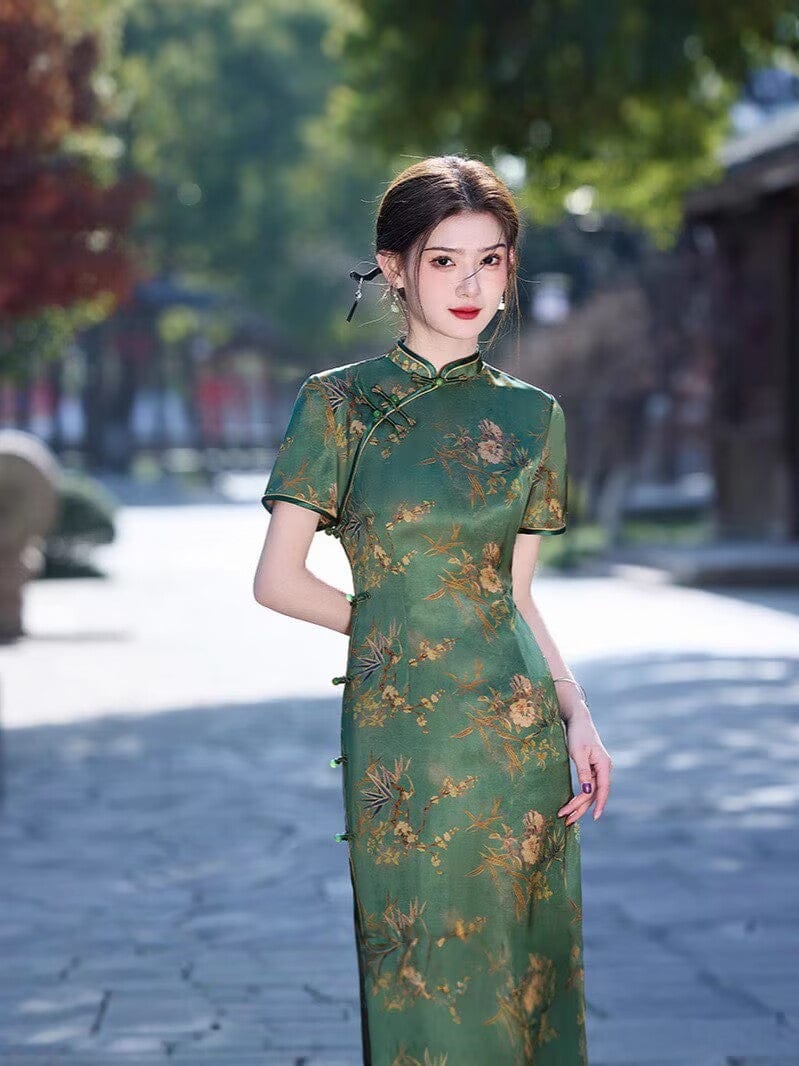 Beth and Brian Qipao-MLS Floral pattern, acetate fabric, green&yellow midi Cheongsam
