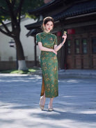 Beth and Brian Qipao-MLS Floral pattern, acetate fabric, green&yellow midi Cheongsam