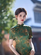 Beth and Brian Qipao-MLS Floral pattern, acetate fabric, green&yellow midi Cheongsam