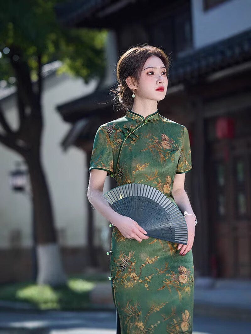 Beth and Brian Qipao-MLS Floral pattern, acetate fabric, green&yellow midi Cheongsam