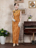 Beth and Brian Qipao-JY Plus size, Sleeveless velvet gold long Cheongsam