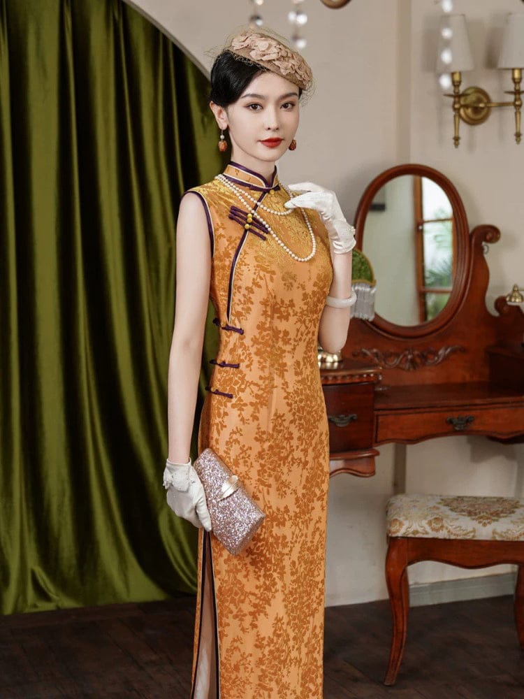 Sleeveless Qipao for women, plus size Cheongsam, Gold long Qipao Gold / L Sleeveless Qipao for women, plus size Cheongsam, Gold long Qipao Gold / L