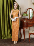 Beth and Brian Qipao-JY Plus size, Sleeveless velvet gold long Cheongsam