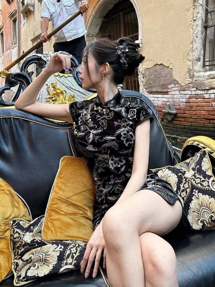 Beth and Brian Qipao-NLS Floral pattern, short Cheongsam with cap sleeves