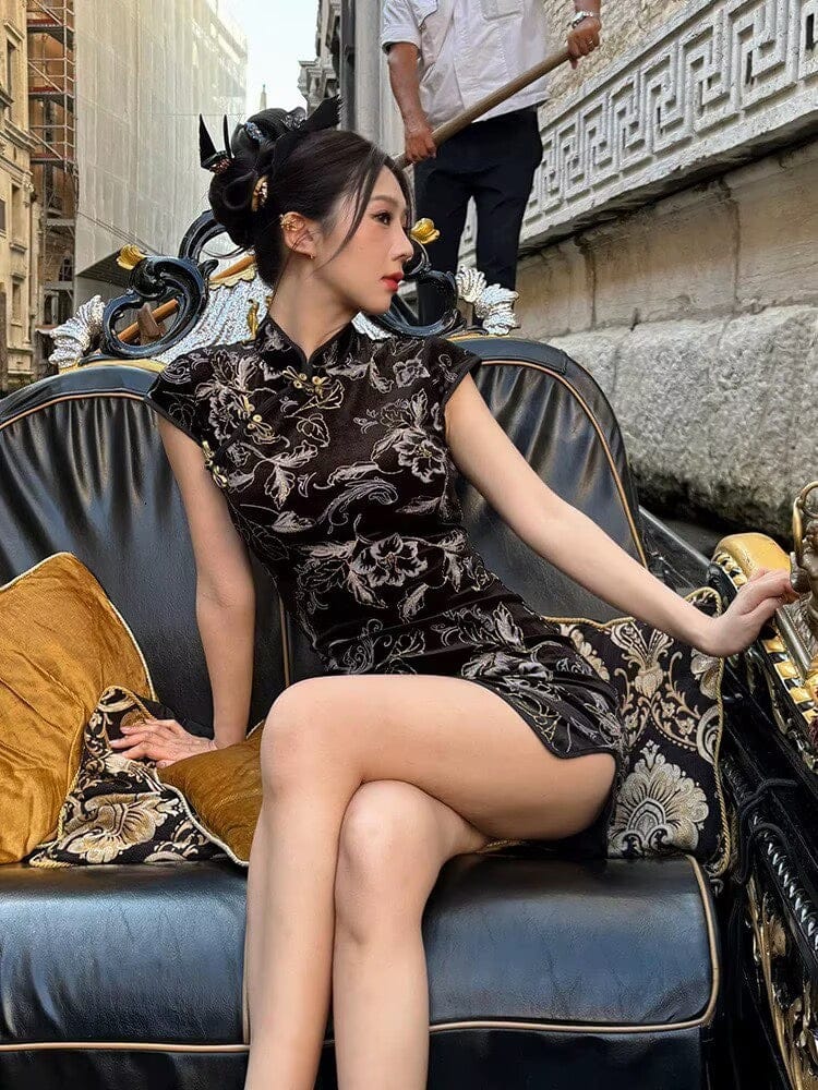 Beth and Brian Qipao-NLS Floral pattern, short Cheongsam with cap sleeves