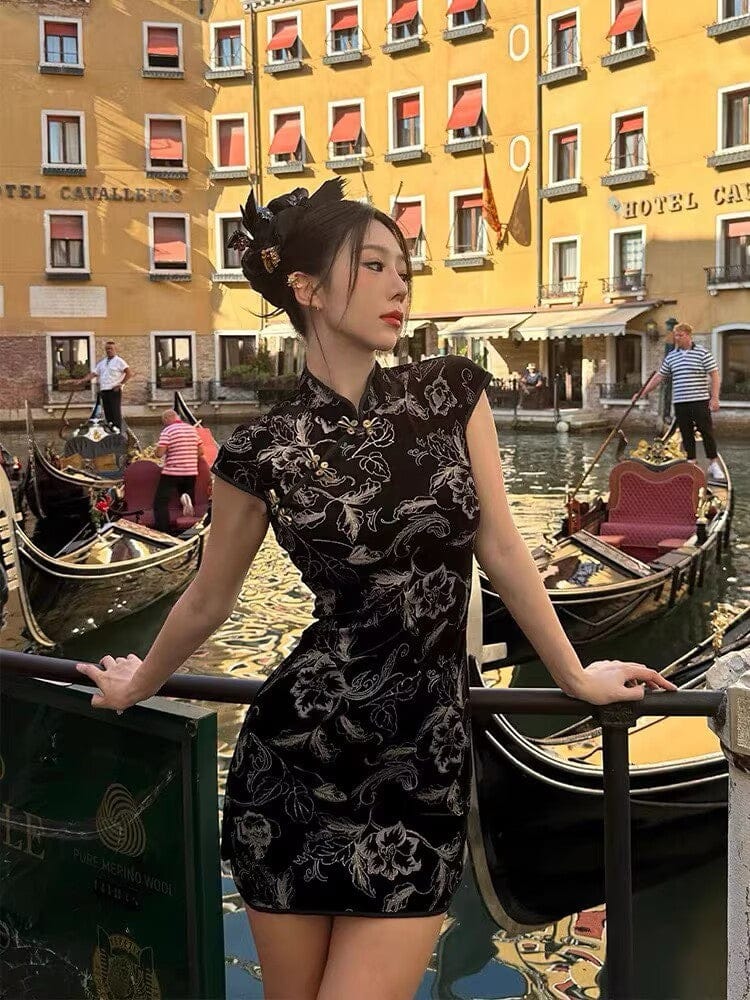 Beth and Brian Qipao-NLS Floral pattern, short Cheongsam with cap sleeves