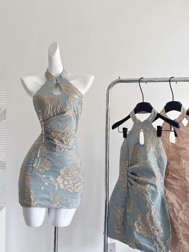 Beth and Brian Qipao-DD Water drop collar, halter mini Cheongsam