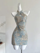 Beth and Brian Qipao-DD Water drop collar, halter mini Cheongsam