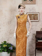 Beth and Brian Qipao-JY Plus size, Sleeveless velvet gold long Cheongsam