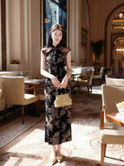 Beth and Brian Qipao-LQZH Floral pattern, velvet black long Cheongsam with raglan sleeves