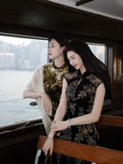 Beth and Brian Qipao-LQZH Floral pattern, velvet black long Cheongsam with raglan sleeves