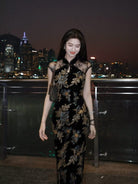 Beth and Brian Qipao-LQZH Floral pattern, velvet black long Cheongsam with raglan sleeves
