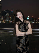 Beth and Brian Qipao-LQZH Floral pattern, velvet black long Cheongsam with raglan sleeves