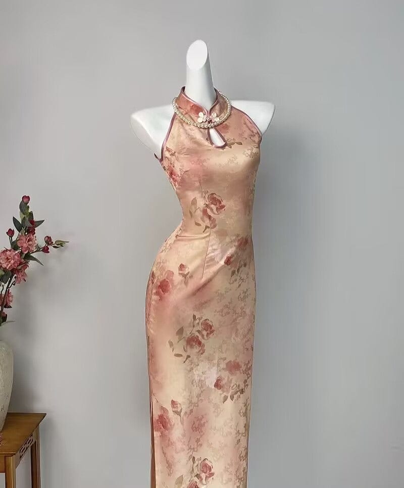 Beth and Brian Qipao-DYC Water drop collar, floral pattern, halter midi Cheongsam