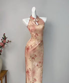 Beth and Brian Qipao-DYC Water drop collar, floral pattern, halter midi Cheongsam