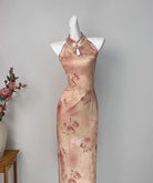 Beth and Brian Qipao-DYC Water drop collar, floral pattern, halter midi Cheongsam
