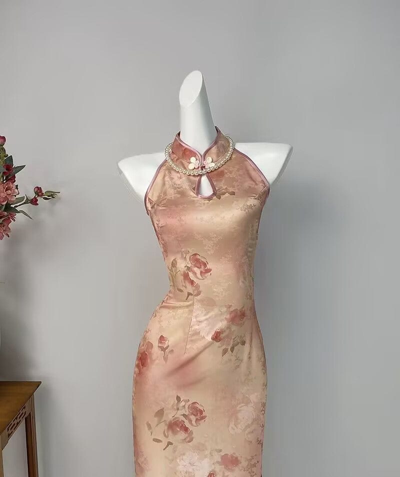 Beth and Brian Qipao-DYC Water drop collar, floral pattern, halter midi Cheongsam