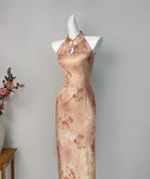 Beth and Brian Qipao-DYC Water drop collar, floral pattern, halter midi Cheongsam