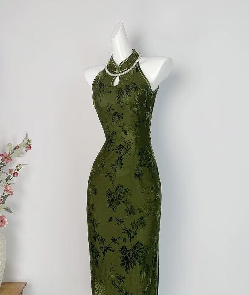 Beth and Brian Qipao-DYC Water drop collar, halter sleeveless midi Cheongsam