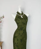 Beth and Brian Qipao-DYC Water drop collar, halter sleeveless midi Cheongsam