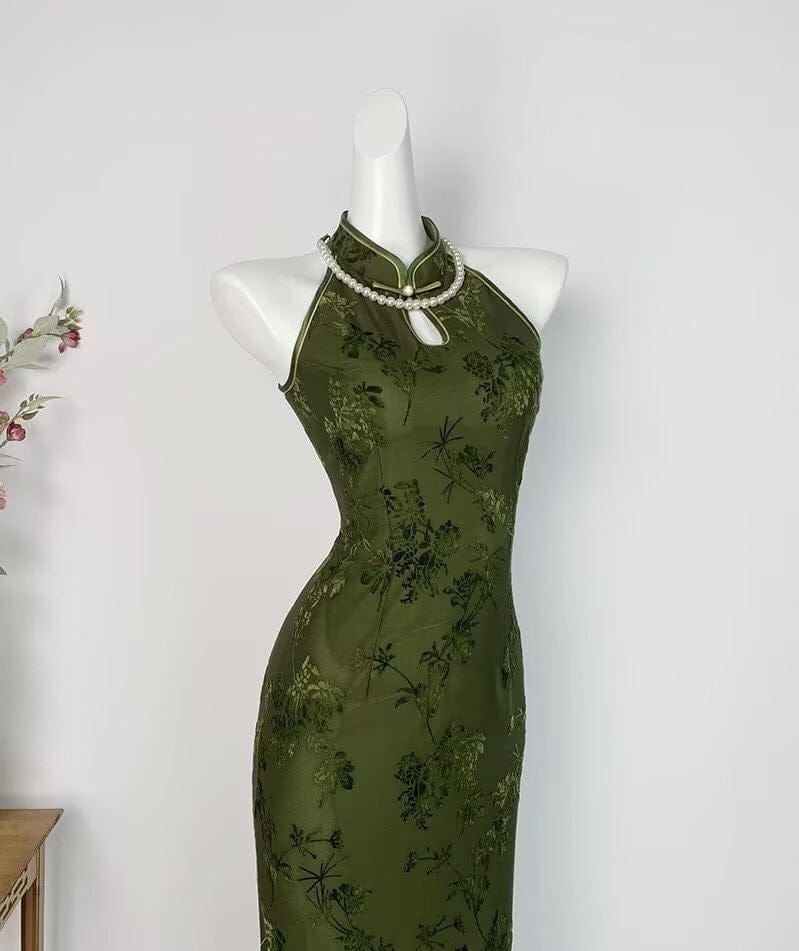 Beth and Brian Qipao-DYC Water drop collar, halter sleeveless midi Cheongsam