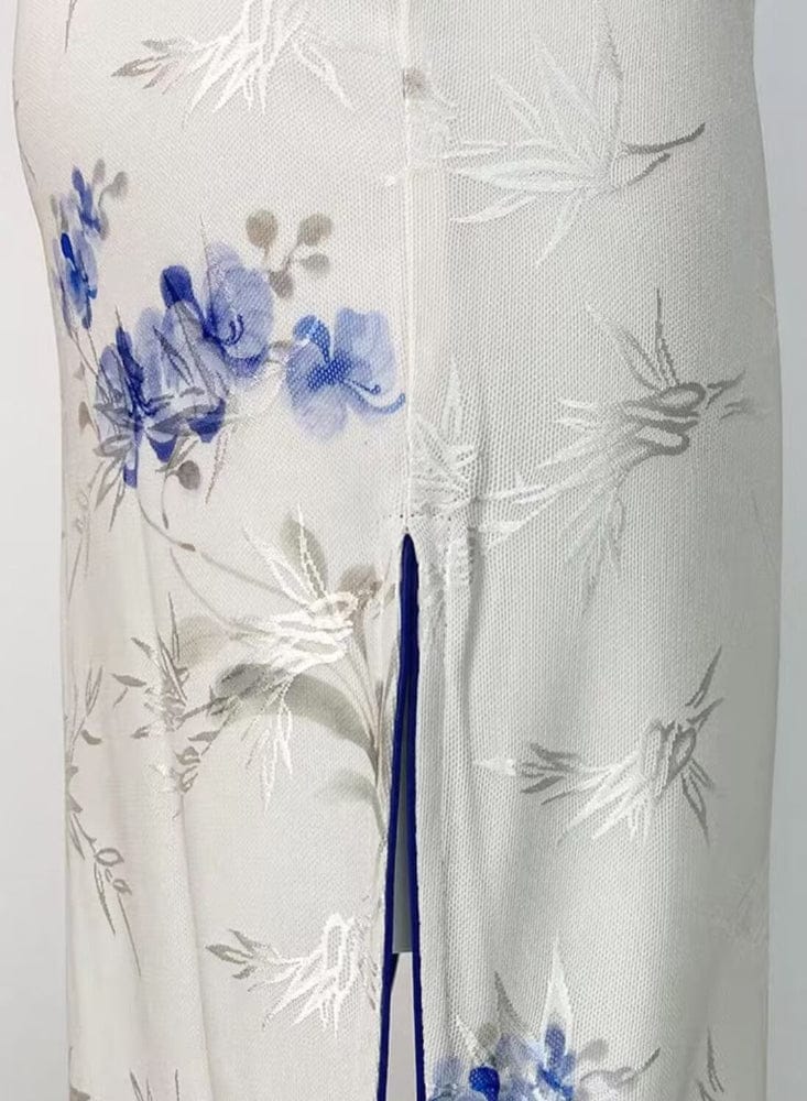 Beth and Brian Qipao-DYC Water drop collar, bamboo leaf pattern, halter long Cheongsam