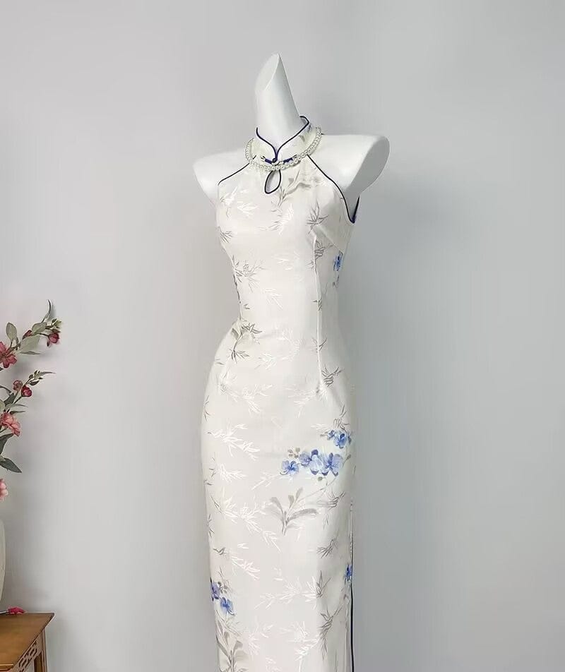 Beth and Brian Qipao-DYC Water drop collar, bamboo leaf pattern, halter long Cheongsam