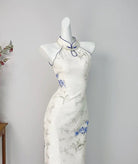 Beth and Brian Qipao-DYC Water drop collar, bamboo leaf pattern, halter long Cheongsam