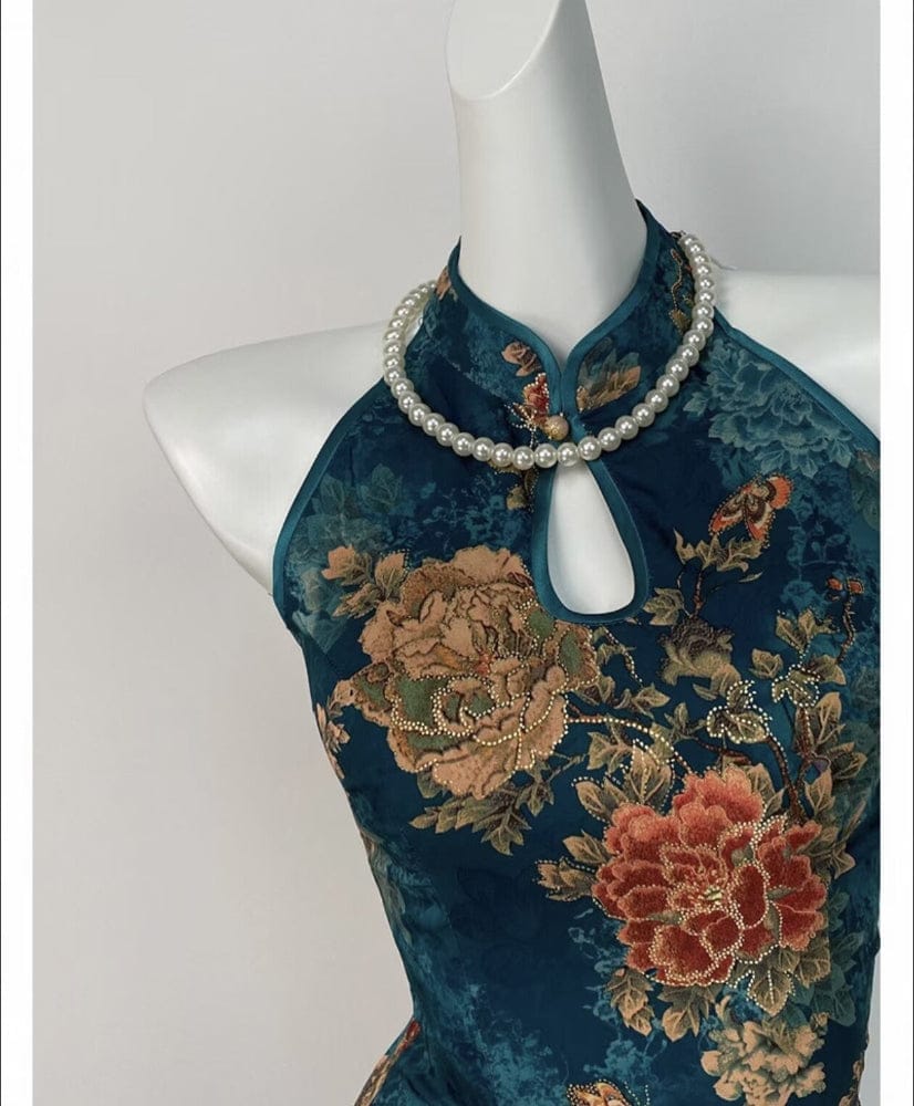 Beth and Brian Qipao-DYC Water drop collar, halter blue midi Cheongsam