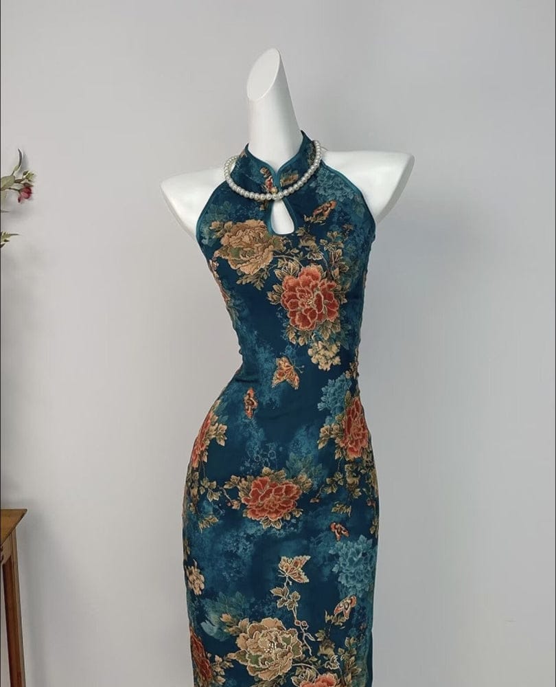 Beth and Brian Qipao-DYC Water drop collar, halter blue midi Cheongsam