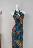 Beth and Brian Qipao-DYC Water drop collar, halter blue midi Cheongsam