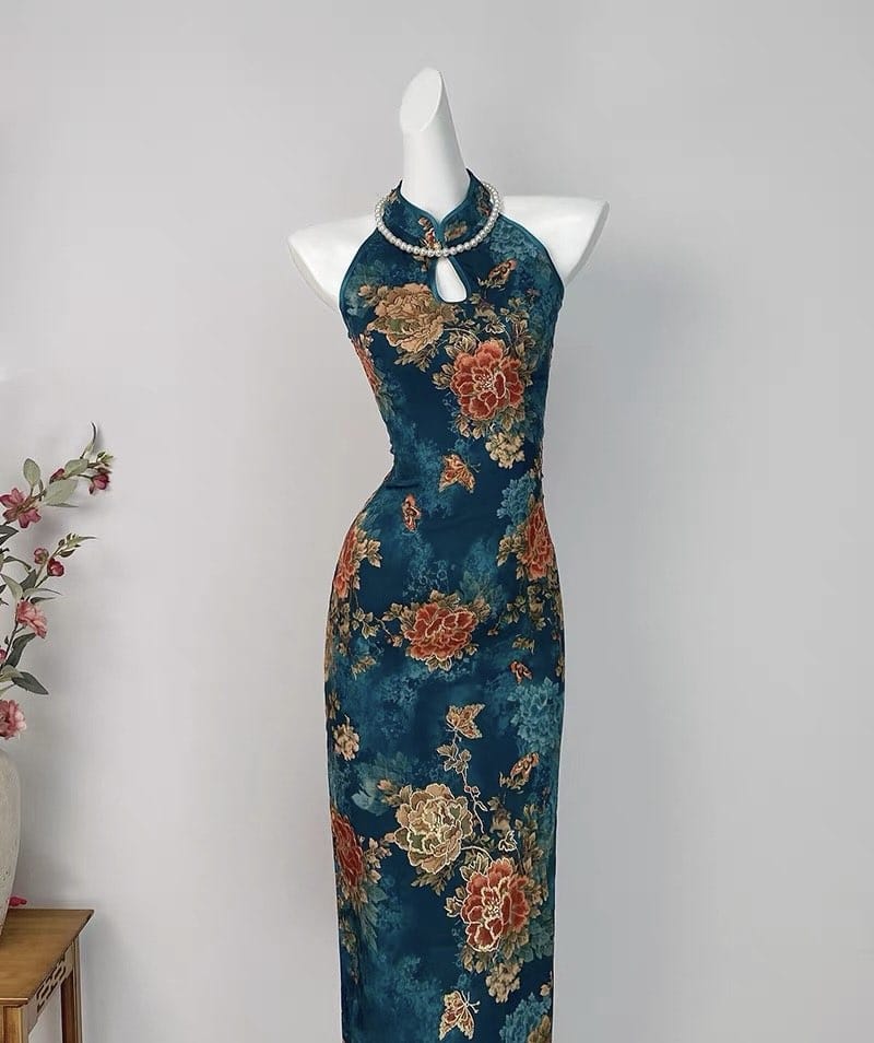 Beth and Brian Qipao-DYC Water drop collar, halter blue midi Cheongsam