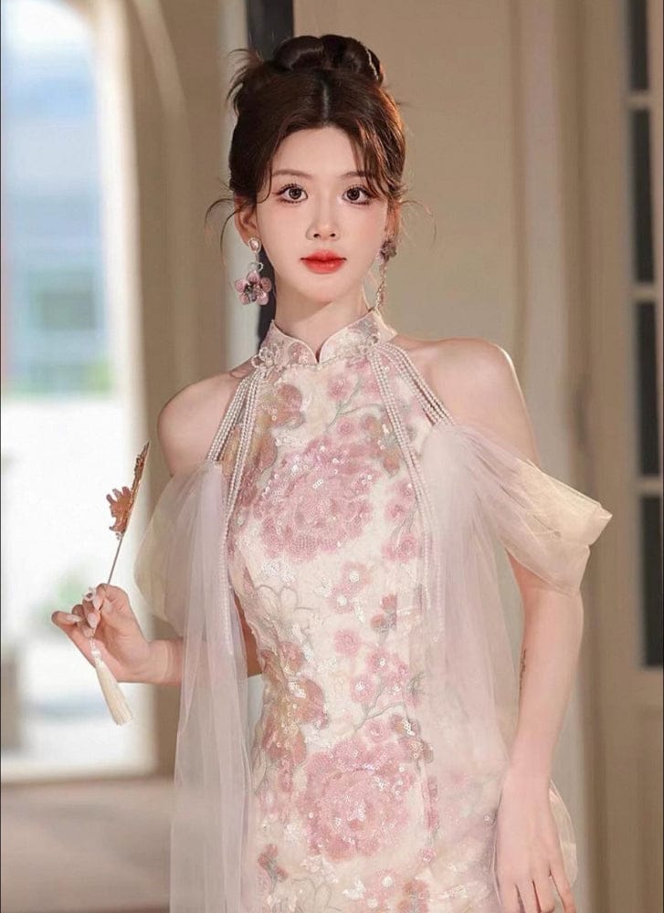 Beth and Brian Qipao-HX New Chinese style (新中式), floral pattern, sequins pink long Cheongsam