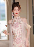 Beth and Brian Qipao-HX New Chinese style (新中式), floral pattern, sequins pink long Cheongsam