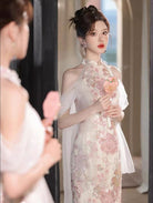 Beth and Brian Qipao-HX New Chinese style (新中式), floral pattern, sequins pink long Cheongsam