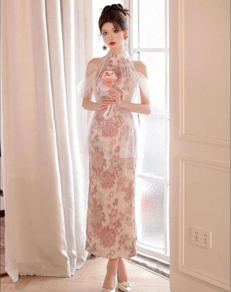 Beth and Brian Qipao-HX New Chinese style (新中式), floral pattern, sequins pink long Cheongsam